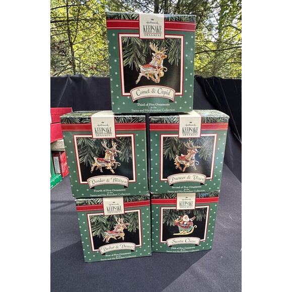 NEW! 1992 Hallmark Keepsake Ornaments CONPLETE Santa And His Reindeer Collection